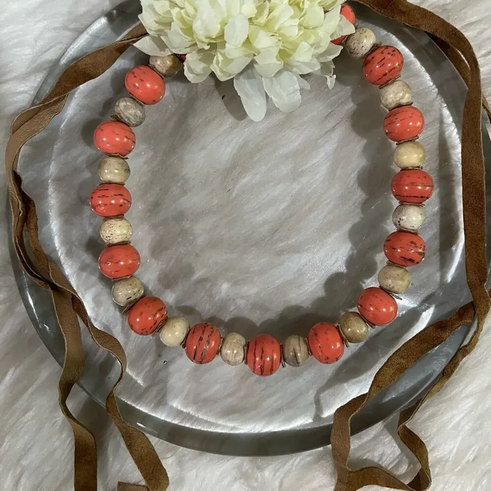 NEW Sundance Vintage Bohemian Glazed Stone Suede Coral Sunset Statement Necklace